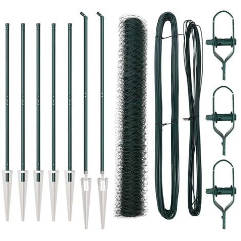 Grillage rouleau，Clôture Hexagonale Verte 1,2x10 m Acier, Poteaux de Clôture Pointe 7 pcs Ø32 mm 140 cm Acier Galvanisé CFW4598906