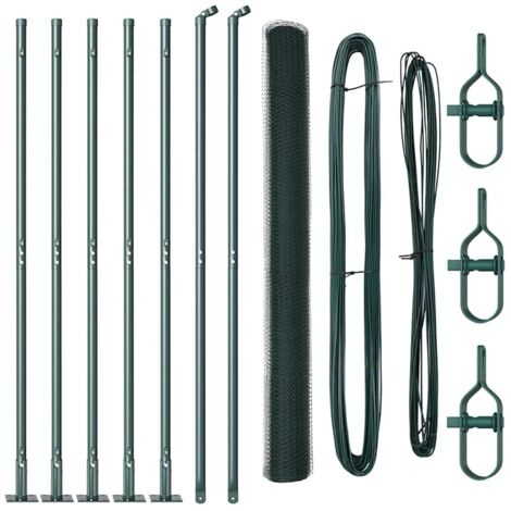 Grillage rouleau，Clôture Hexagonale Verte 1.4x10 m Acier, Poteaux de clôture avec plaques de base 7 pcs Ø32mm 78.5cm Acier Galvanisé CFW5385767