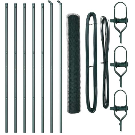 Grillage rouleau，Clôture hexagonale verte 1,4x10 m en acier, Poteaux de clôture 7 pcs verts Ø32 mm 190 cm en acier galvanisé CFW6824393