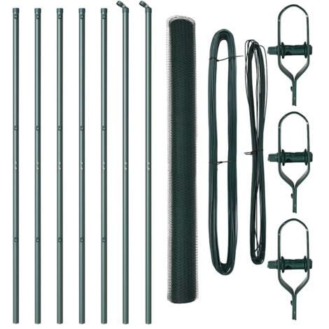 Grillage rouleau，Clôture Hexagonale Verte 1,5x10 m Acier, Poteaux de Clôture 7 pcs Verts Ø32 mm 200 cm Acier Galvanisé CFW6376309