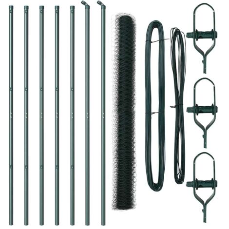 Grillage rouleau，Clôture Hexagonale Verte 1,5x10 m Acier, Poteaux de Clôture 7 pcs Verts Ø32 mm 200 cm Acier Galvanisé CFW8187672