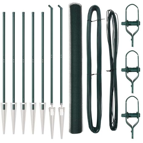 Grillage rouleau，Clôture hexagonale verte 1,5x10 m acier, Poteaux de clôture avec piquet 7 pcs Ø32 mm 170 cm acier galvanisé CFW5801277