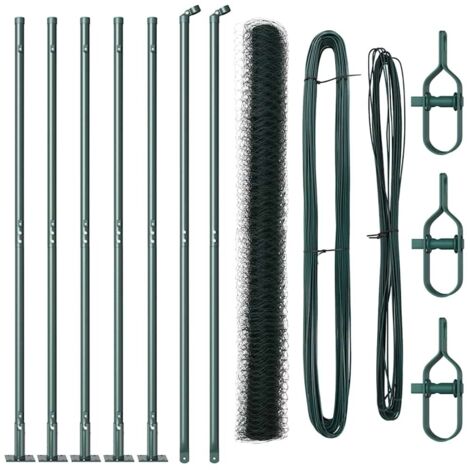Grillage rouleau，Clôture Hexagonale Verte 1,5x10 m Acier, Poteaux de Clôture avec Plaques de Base 7 pcs Ø32mm 83,5cm Acier Galvanisé CFW9187015