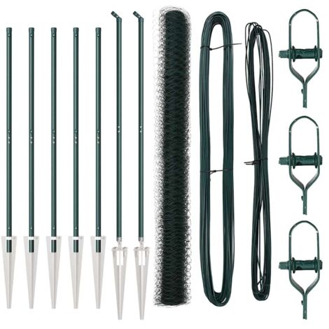 Grillage rouleau，Clôture Hexagonale Verte 1,5x10 m Acier, Poteaux de Clôture avec Pointe 7 pcs Ø32 mm 170 cm Acier Galvanisé CFW4127805