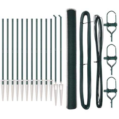 Grillage rouleau，Clôture hexagonale verte 1,6 x 25 m en acier, Poteaux de clôture avec pointe 13 pcs Ø32 mm 180 cm acier galvanisé CFW6247329