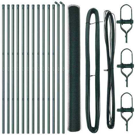 Grillage rouleau，Clôture hexagonale verte 1.6x25 m acier, Poteaux de clôture 13 pcs verts Ø32 mm 210 cm acier galvanisé CFW7414923