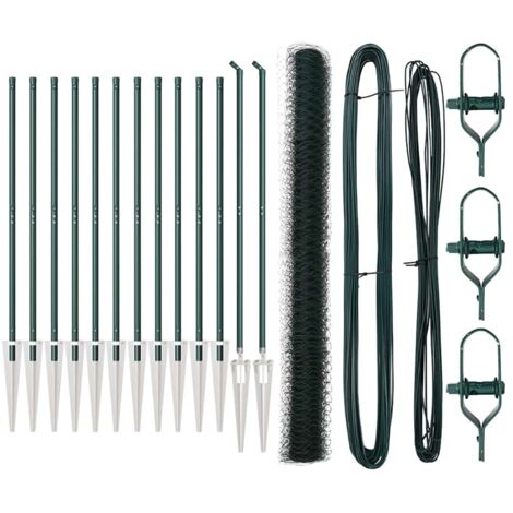 Grillage rouleau，Clôture hexagonale verte 1.6x25 m en acier, Poteaux de clôture avec pointe 13 pcs Ø32 mm 180 cm en acier galvanisé CFW9129378