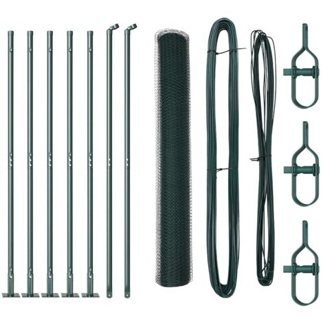 Grillage rouleau，Clôture Hexagonale Verte 1x10 m Acier, Poteaux de Clôture avec Plaques de Base 7 pcs Ø32mm 110cm Acier Galvanisé CFW2309157