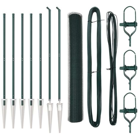 Grillage rouleau，Clôture hexagonale verte 1x10 m acier, Pots de clôture avec pointe 7 pcs Ø32 mm 120 cm acier galvanisé CFW7692188