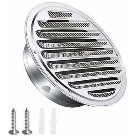 Grille aération VMC，Grille d'aération en acier inoxydable 125mm avec vis et chevilles Protection contre les intempéries Lamelles avec moustiquaire et boucle Grille d'évacuation d'air ronde Visser et b