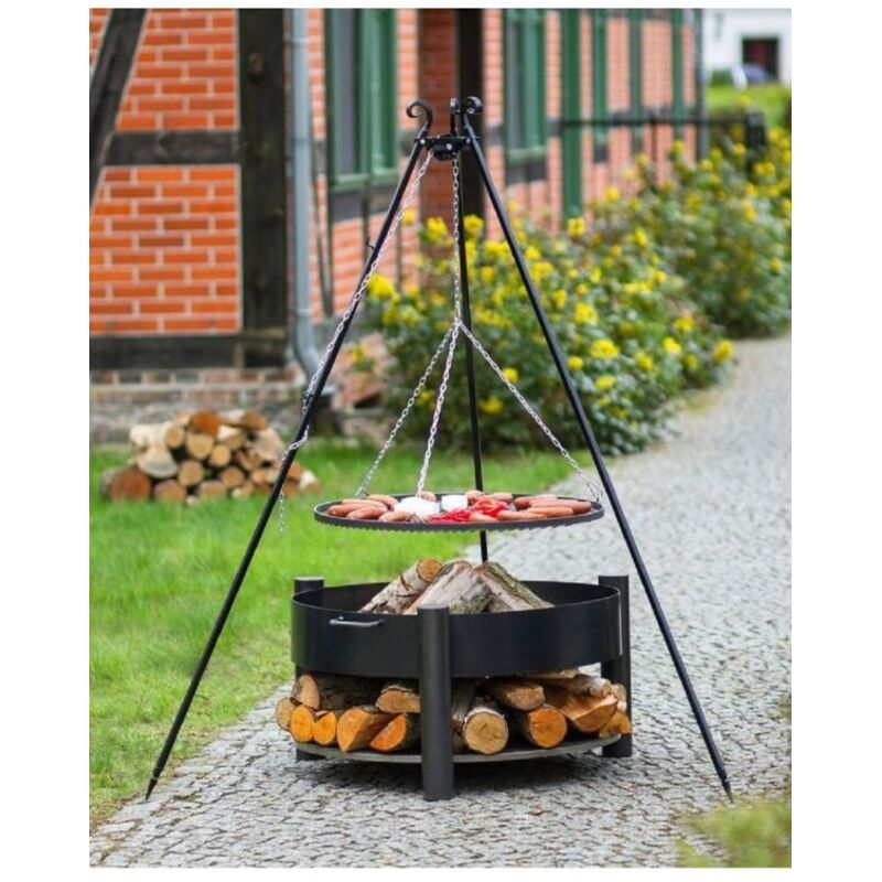 Cookking - Grille barbecue sur trépied + Brasero avec range bois solafa en acier--Ø 50 cm-Ø 60 cm-