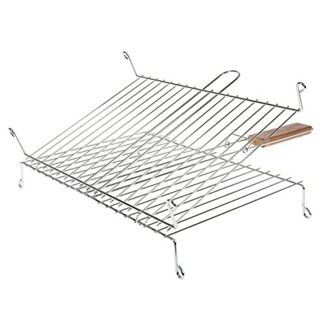 Grille de barbecue double sur pieds 40 x 30 cm – Acier chromé résistant à la chaleur – Poignées en bois d'acacia pour prise en main facile – Ruecab