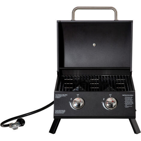 Grille de cuisson gaz portable Outsunny 2 brûleurs 5KW pliable camping noir acier alimentaire