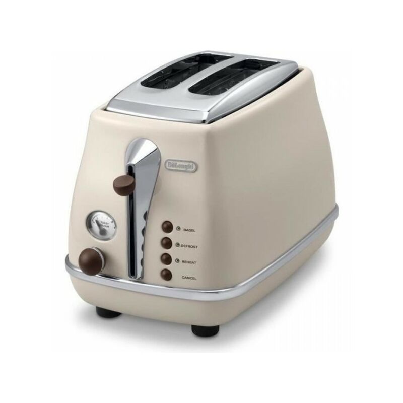 Grille Pain - Toaster Electrique Delonghi Icona Vintage - 2 tranches - 6 positions - Beige brillant / Base et poignée Chocolat
