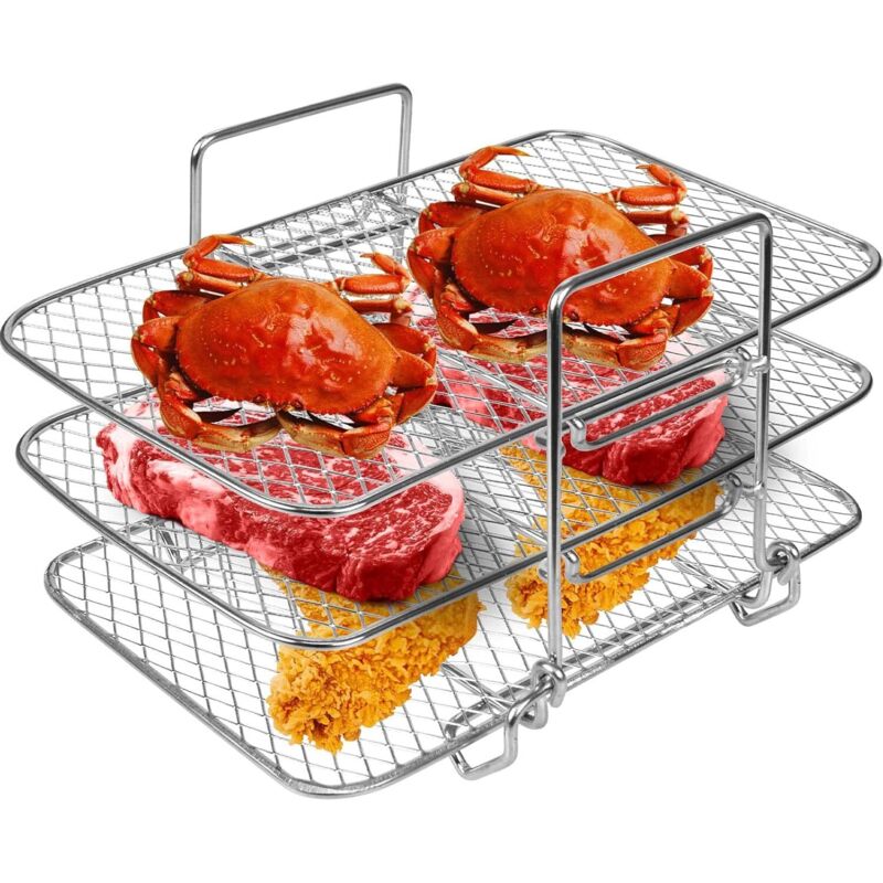 Grille pour Friteuse à air Multifonction Trois Couche Empilable Compatible avec Friteuse, Accessoire pour Air Fryer en Acier 304