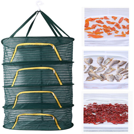 Grille Séchage 4 Niveaux Zipper U Vert Foncé Elastique Filet Fine Etagère Plantes Herbes Legumes Fruits Complet - Garniture Fabric Dimensions 40x60x80cm