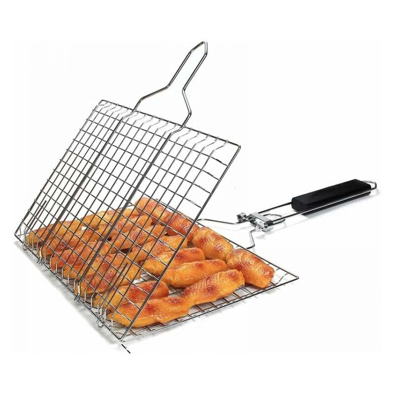 Cyslmuk - Griller Panier avec Poignée en Bois, Pliable Panier Grille pour Barbecue Portable, Grill Poisson Panier Clip, Clip Panier Barbecue, avec