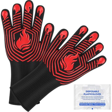 Grillhandschuhe, hitzebeständige Handschuhe (bis 750 °C), feuerfeste Handschuhe, rutschfeste, waschbare Ofenhandschuhe aus Silikon zum Grillen, Kochen, Backen, Camping, Räuchern (rot)