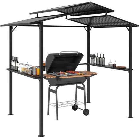 Grillpavillon 250 x 160 x 250 cm wasserdicht Gartenpavillon mit Doppelschichtdach, Seitenregalen Schwarz
