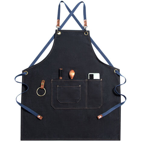 Grillschürze aus Denim-Canvas, Arbeitsschürze für Café/Teestube, Arbeitskleidung mit mehreren Taschen, flecken- und abriebfest