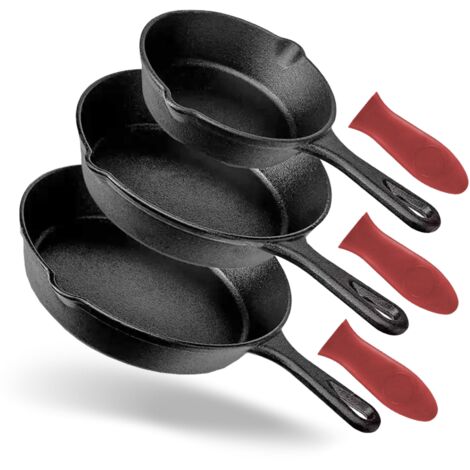 GrillX Set de casseroles en fonte – 3 pièces – Avec poignées en silicone – Poêles en fonte – Poêle à frire – Poêle polyvalente – Set de poêles – Pour barbecue et induction