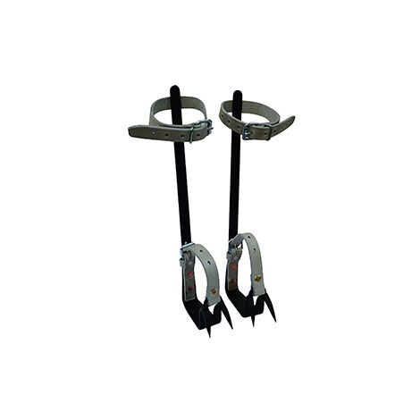 grimpette élageur en acier forgé avec 2 pointes fixes. hauteur de tige 44 cm, pointes de 4,5 cm, courroies cuir, finition apprêt