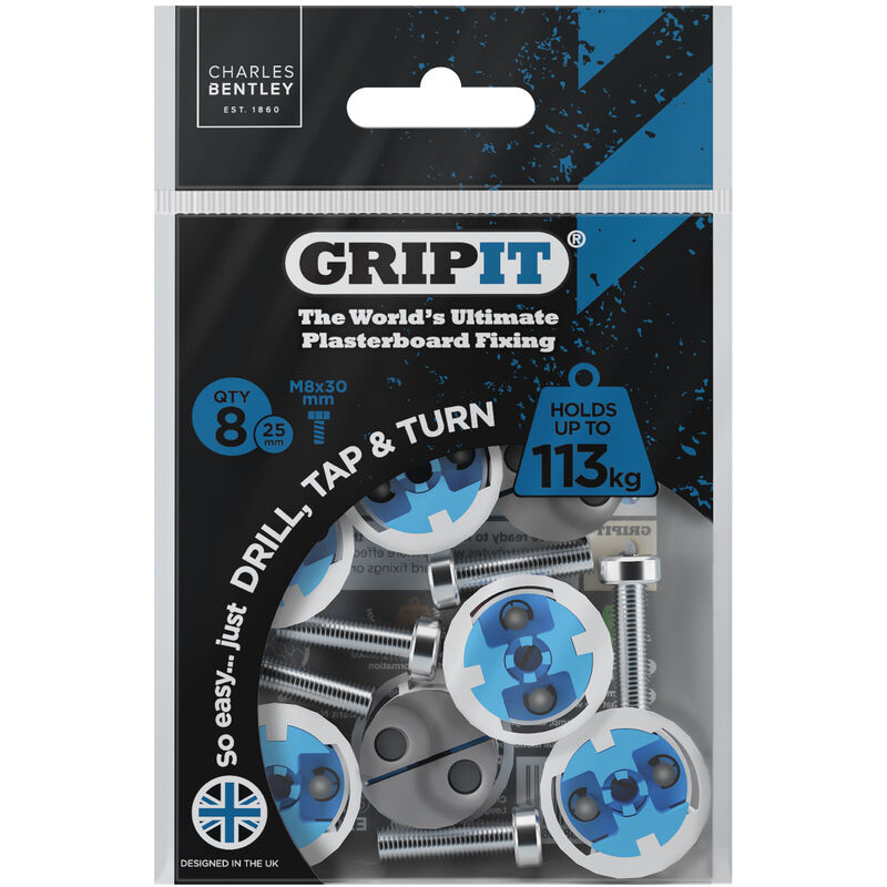 Gripit 25mm Plasterboard Fixing - 8 Pack (Blue) Stud Wall Anchor Max Load 113kg - Blue