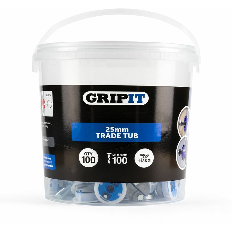 Gripit 25mm Plasterboard Fixing - 100 Pack (Blue) Stud Wall Anchor Max 113kg - Blue