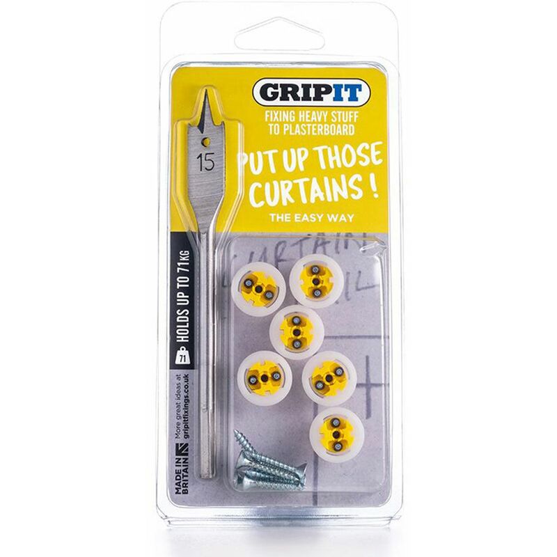Gripit 15mm Plasterboard Fixing - Curtain Kit (Yellow) Max Load 71kg - Yellow