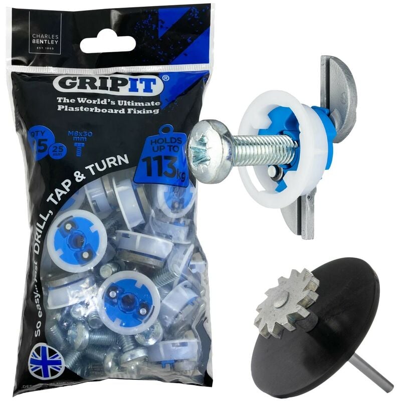 Gripit - Grip it Blue 25mm Plasterboard Fixing Bolts + Recess Cutter 113kg Cap