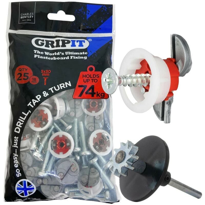 Gripit - Grip it Red 18mm Plasterboard Fixing Screws + Recess Cutter 74kg Capacity