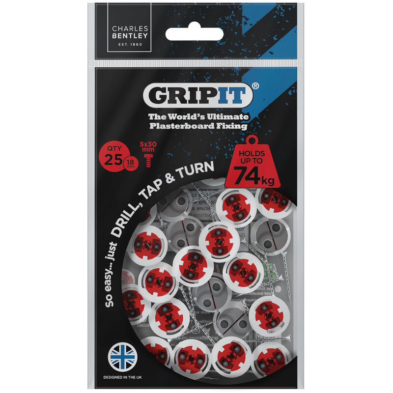 Gripit 18mm Plasterboard Fixing - 25 Pack (Red) Stud Wall Anchor Max Load 74kg - Yellow