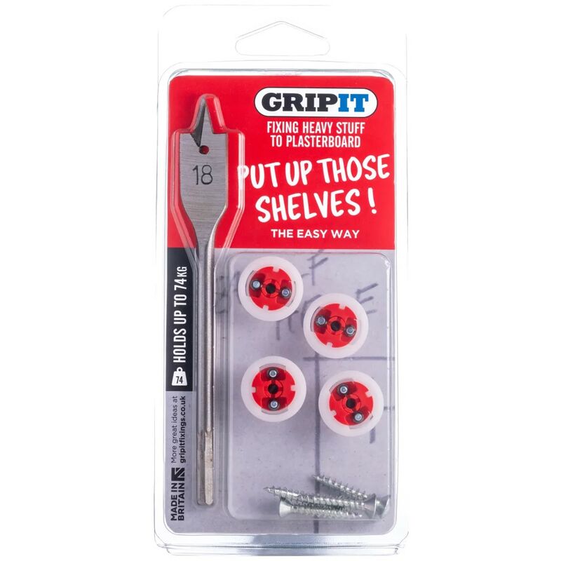 Gripit Grip it Red Shelf Hanging Fix Kit Plasterboard Hollow Wall 74kg Capacity