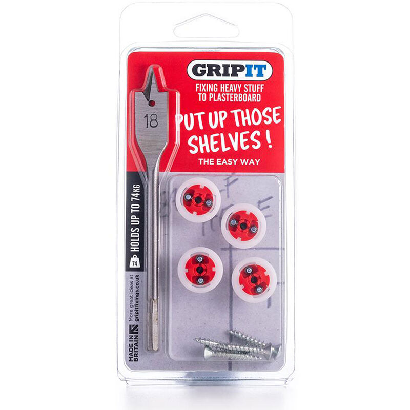 Gripit 18mm Plasterboard Fixing - Shelf Kit (Red) e.g. Small Shelves, Mirrors - Red
