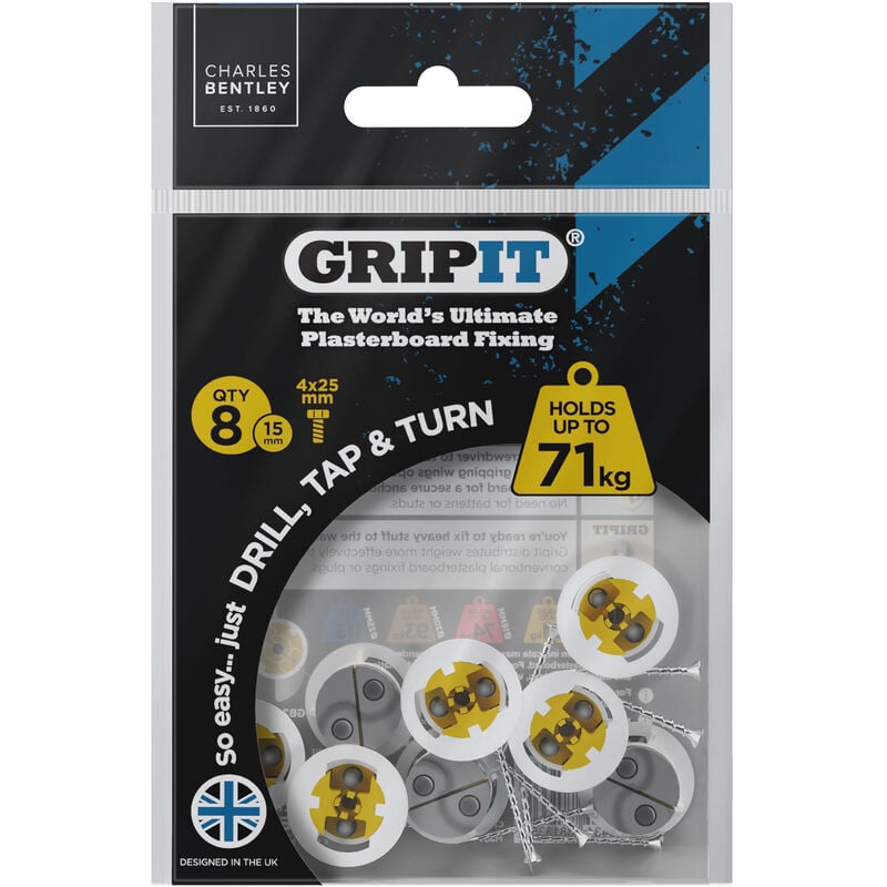Gripit 15mm Plasterboard Fixing - 8 Pack (Yellow) Stud Wall Anchor Max Load 71kg - Yellow