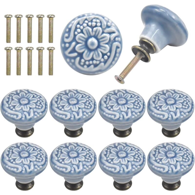 Gris 10PCS Vintage Tiroir de Porte Poignée en Céramique, 34mm Rond Boutons de Tiroir, Bouton de Meubles, Boutons de Porte, Poignées de Meuble pour