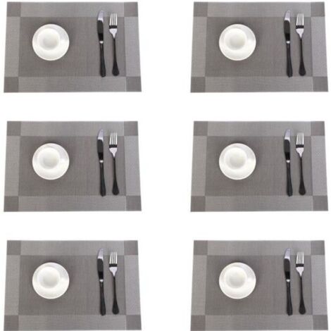 (Gris Argenté)Lot de 6 Sets de Table PVC Napperons Vinyle Tissé Lavables Resistant à la Chaleur Antidérapant Restaurant Salle Manger Gris Argenté