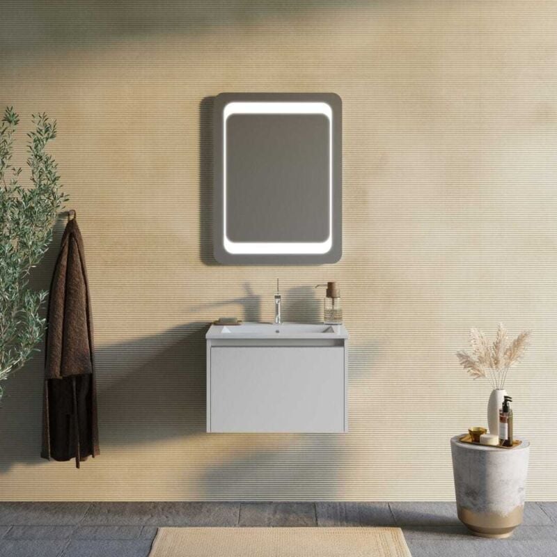 Kiamami Valentina - Gris Clair Mat 60Cm Armoire De Salle De Bain, Lavabo Et Miroir 60X80 Monaco