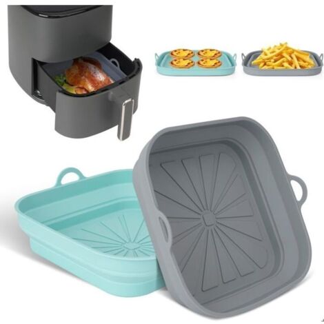 (Gris et Vert)Accessoire Air Fryer,2 Paquet Moule Silicone pour Friteuse à Air Chaud Réutilisable Airfryer Pot Plat Carré Pliable,Gris vert