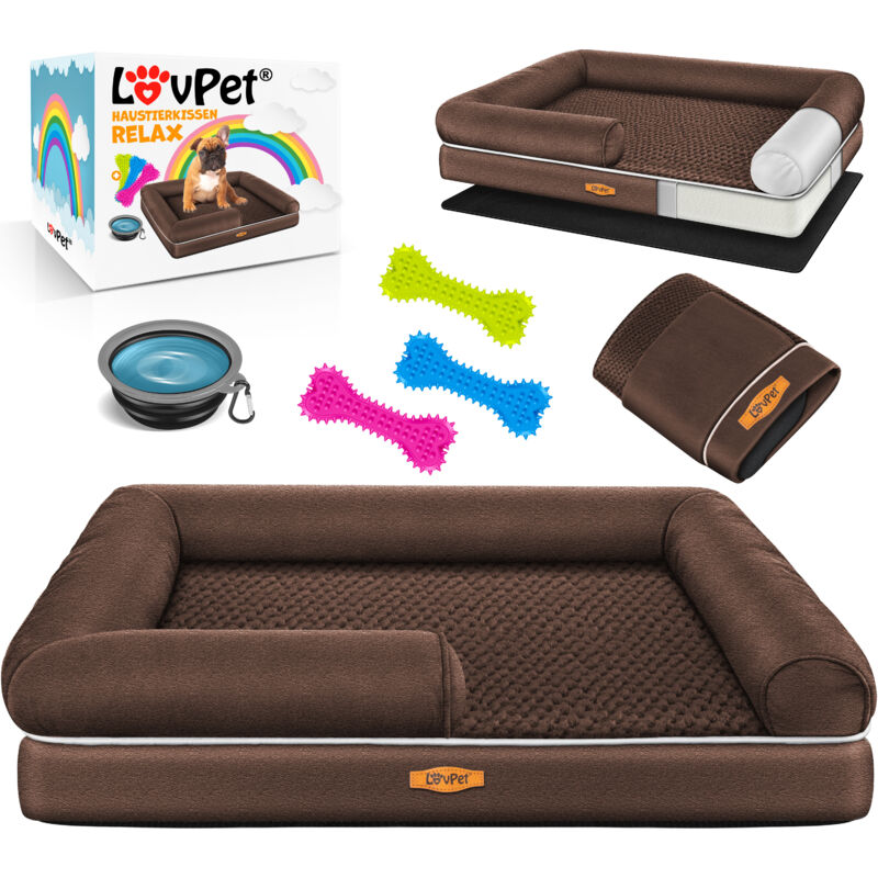 Lit orthopédique pour chien, Ecuelle + 3X os à mâcher inclus, Canapé pour chiens de petite, moyenne et grande taille, Housse amovible, Marron / xl