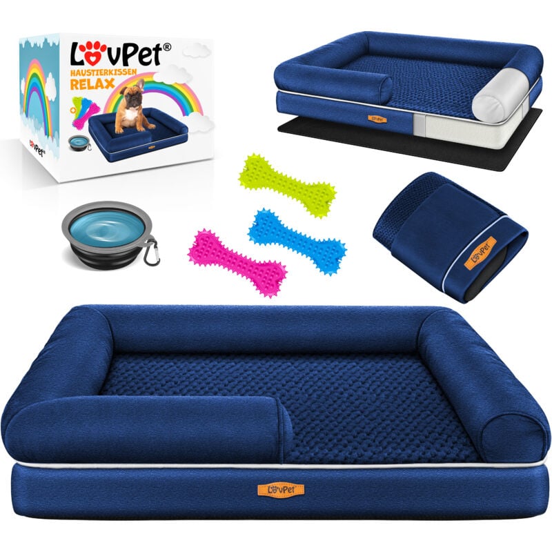 LOVPET® Lit orthopédique pour chien, Ecuelle + 3X os à mâcher inclus, Canapé pour chiens de petite, moyenne et grande taille, Housse amovible, Bleu