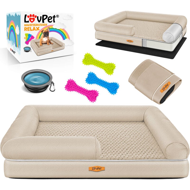 Lit orthopédique pour chien, Ecuelle + 3X os à mâcher inclus, Canapé pour chiens de petite, moyenne et grande taille, Housse amovible, Beige / m (91