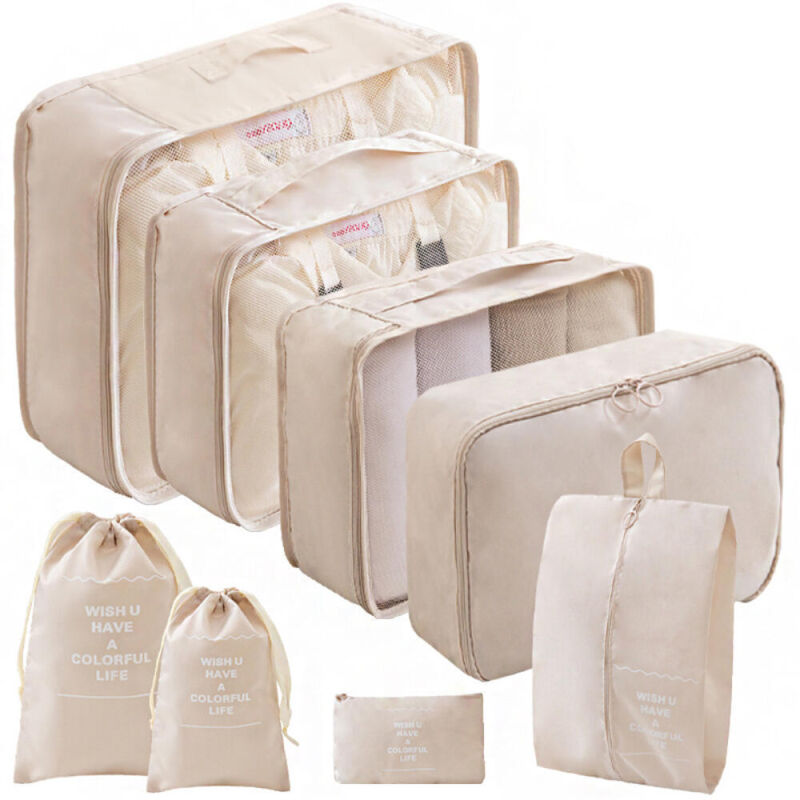 (Beige) Lot de 8 sacs à vêtements, valises améliorées, sac de rangement pour vêtements secs, chaussures, sous-vêtements, cosmétiques, livres, bonbons