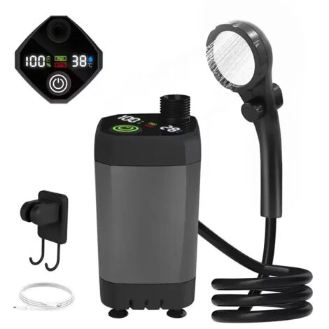 (Gris) Pompe de douche de camping portable 6000 mAh rechargeable avec affichage LED intelligent et kit de douche étanche