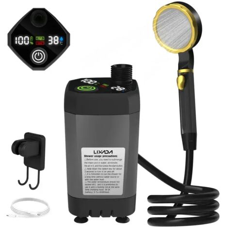 (Gris) Pompe de douche portable 6000 mAh pour camping-car, kit de douche extérieure avec écran numérique intelligent.