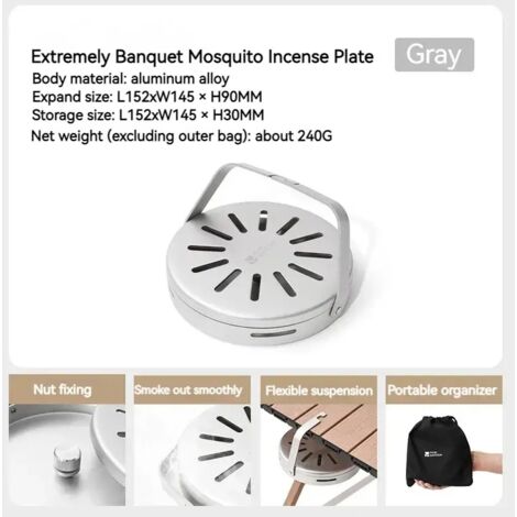 (Gris) Porte-spirale anti-moustiques Banquet, porte-encens suspendu, plateau en alliage d'aluminium à oxyde dur, boîte de rangement pour camping et activités de plein air