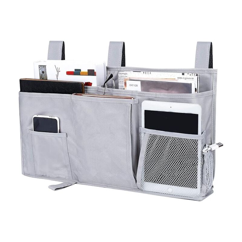 Gris Sac de Rangement de Lit pour Organisateur Suspendu, Tissu oxford Poche de Rangement de Chevet pour Téléphone, Livre, Magazines, Télécommande