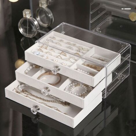 (Gris)Boîte à Bijoux 3 Couches Acrylique - Rangement de Bijoux Bague Collier Bracelet Cadeau pour Femme Fille - Gris