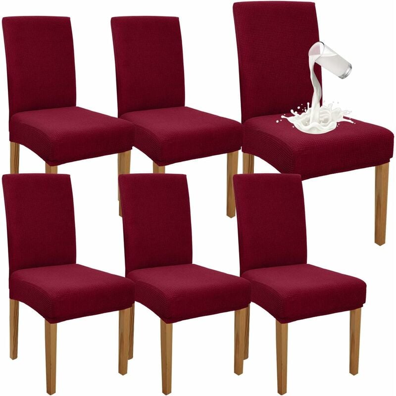 (Rouge Bordeaux)Lot de 6 housses de chaise de salle à manger imperméables de qualité supérieure, élastiques, hautes, pour salle à manger, protection