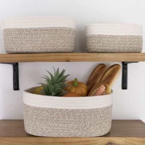 (Gris)Panier de Rangement Salle de Bain - 3Pcs - Coton Tissé - Blanc + Marron